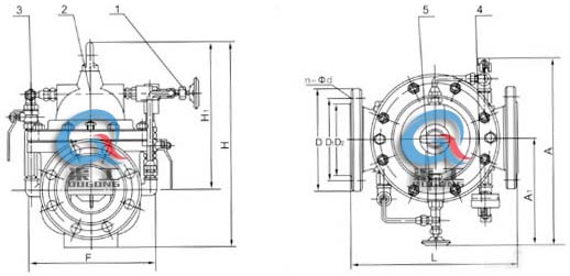 300X緩閉止回閥 外形結(jié)構(gòu)圖 (1、針閥2、主閥3、球閥4、壓力表5、單向閥）