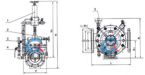 500X持壓泄壓閥 外形結(jié)構(gòu)圖(1、導閥2、針閥3、球閥4、主閥5、壓力表)